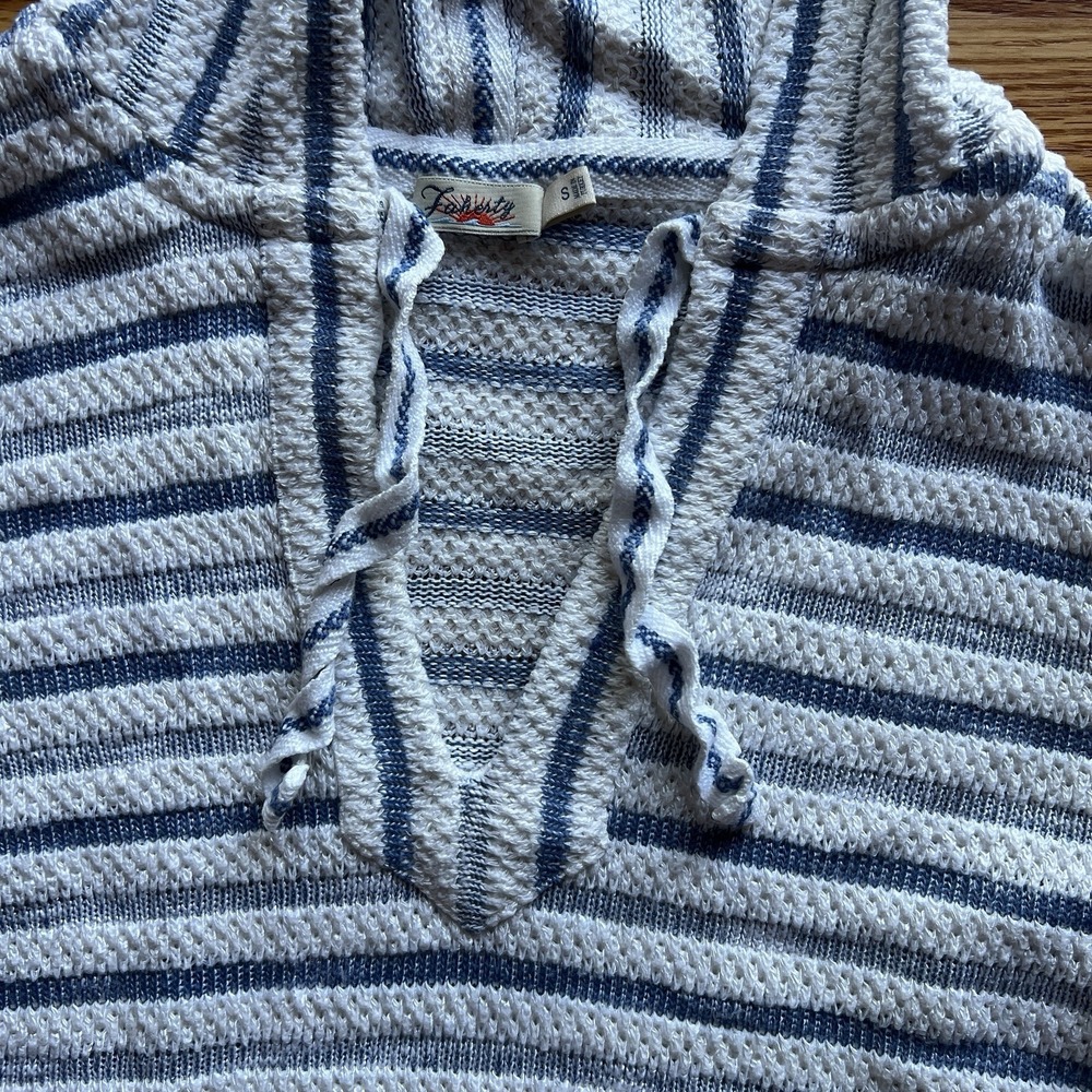 Faherty Womens Small Blue White Striped V-Neck Knit Hoodie Pullover Coastal Surf